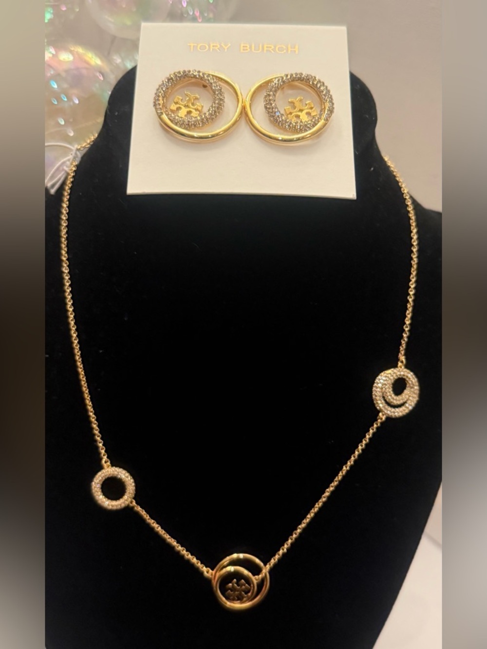 Tory Burch Gold Double-Circle Logo Necklace with Pave Accents and Matching Studs